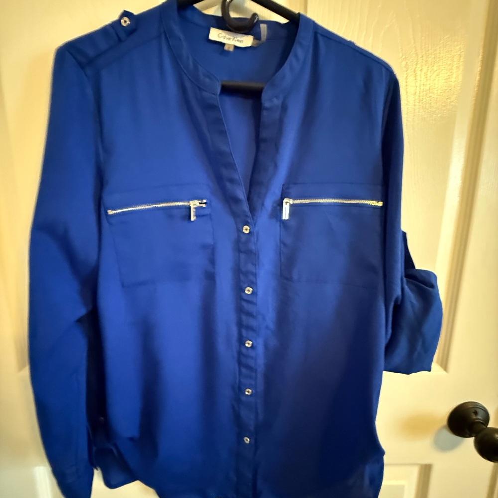 Calvin Klein Blue Button Down Blouse with Mandarin Collar